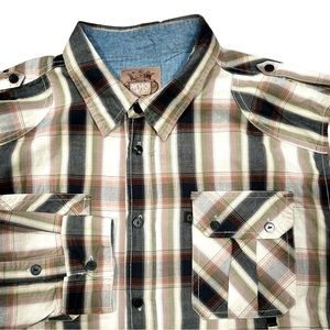 AKDMKS Akademiks Men's Size 2XL Black Beige Plaid Long Sleeve Button Up‎ Shirt